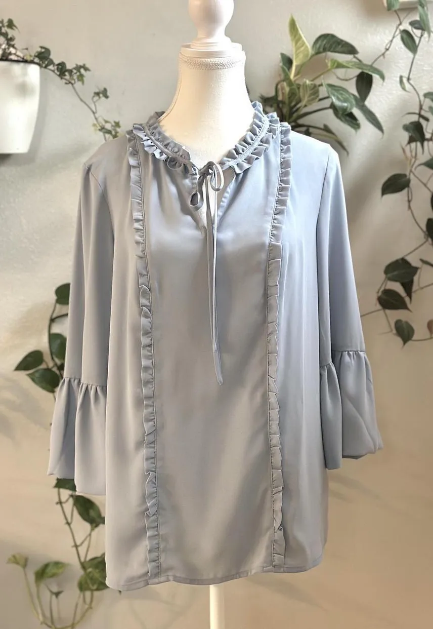 Karl Lagerfeld Paris Women’s Ruffle Tie-Neck Blouse – Blue – Size Medium - Image 1