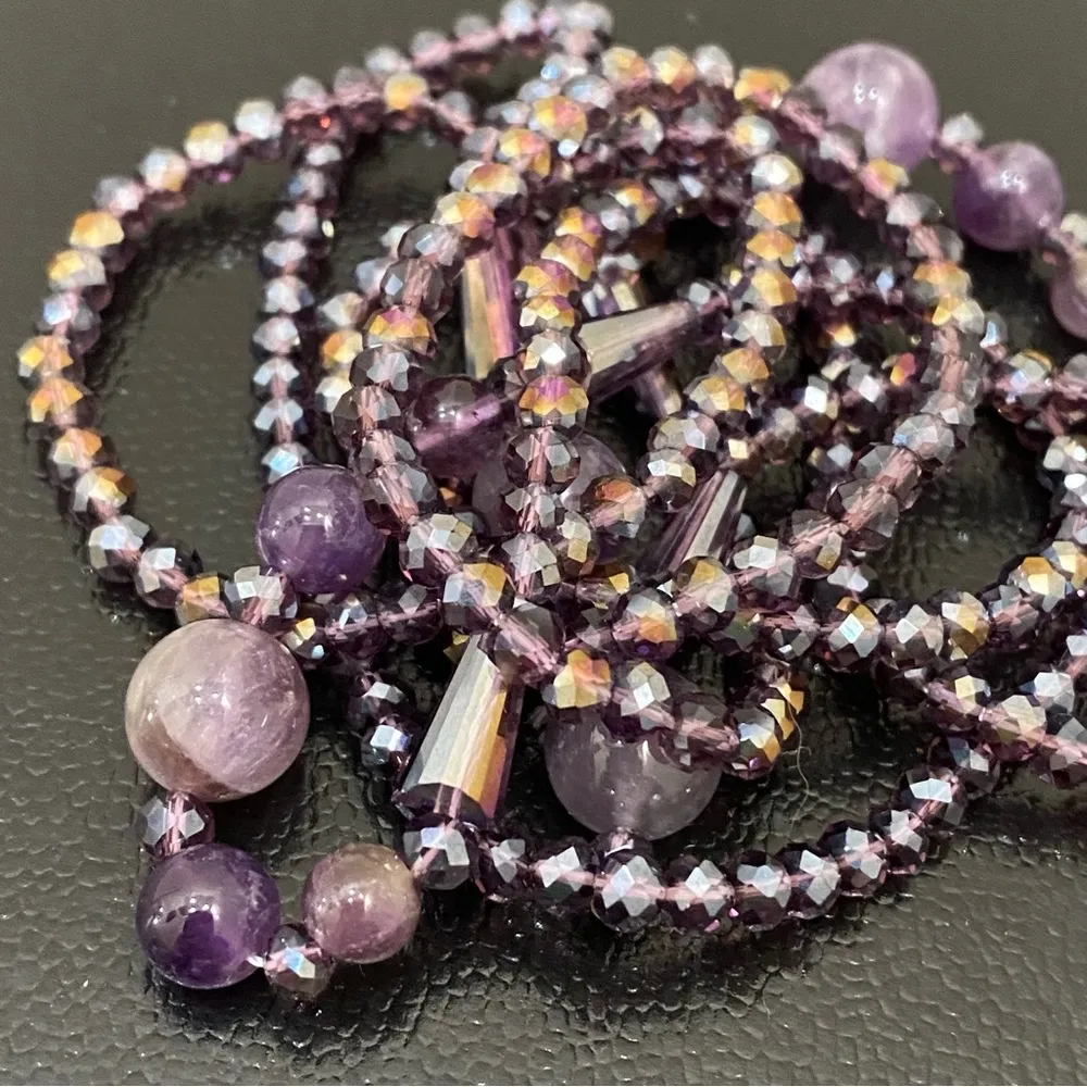 Handmade Amethyst Stone AB Purple Crystal Beads Lariat 40” Necklace - Image 15
