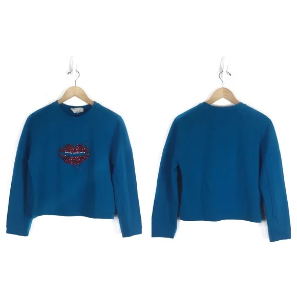 3.1 Phillip Lim  Blue Rhinestone Crystal Lip Embellished Crop Sweatshirt Large - Image 2