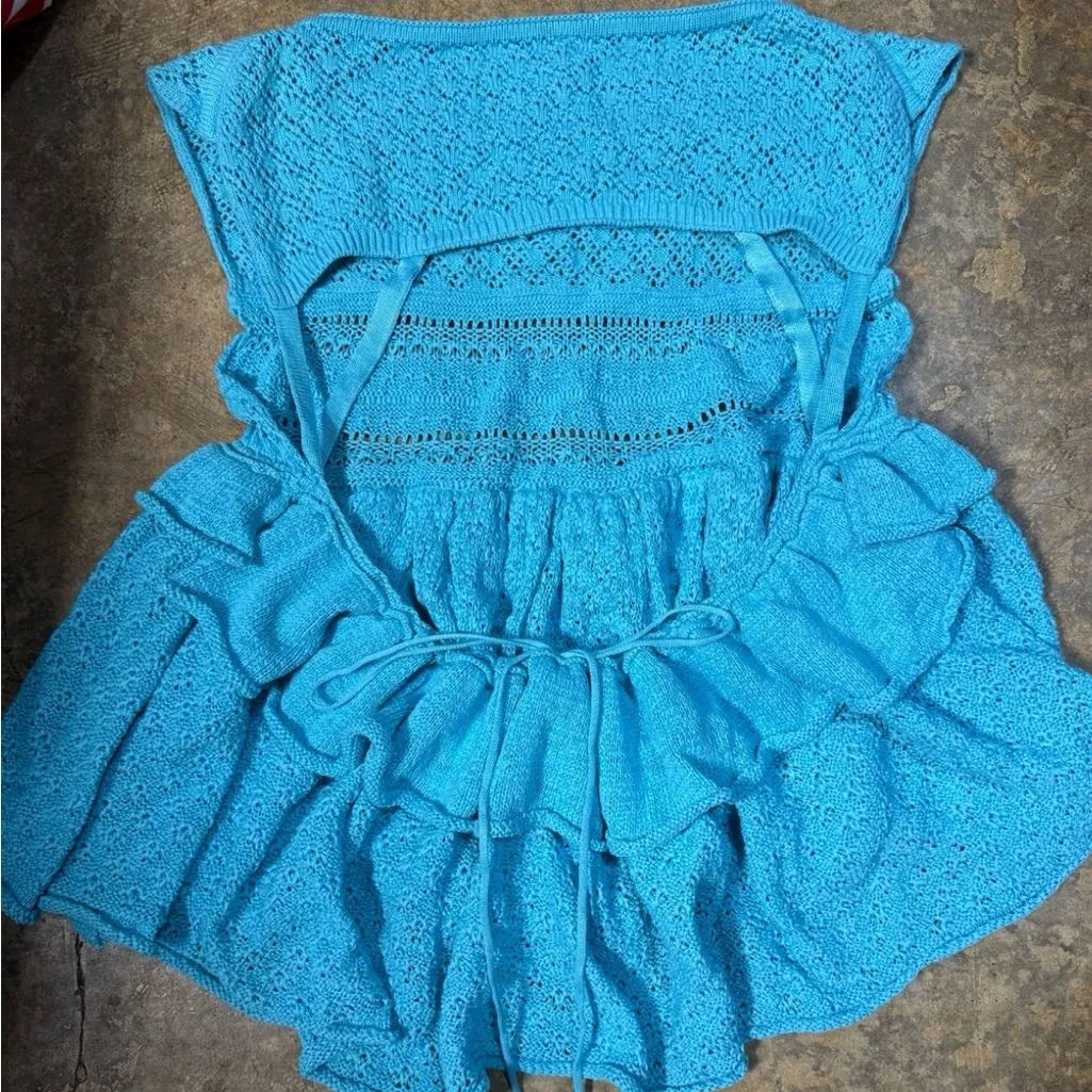 Free People Blue Juliette Ruffle Top, Linen Blend. Size XL - Image 6