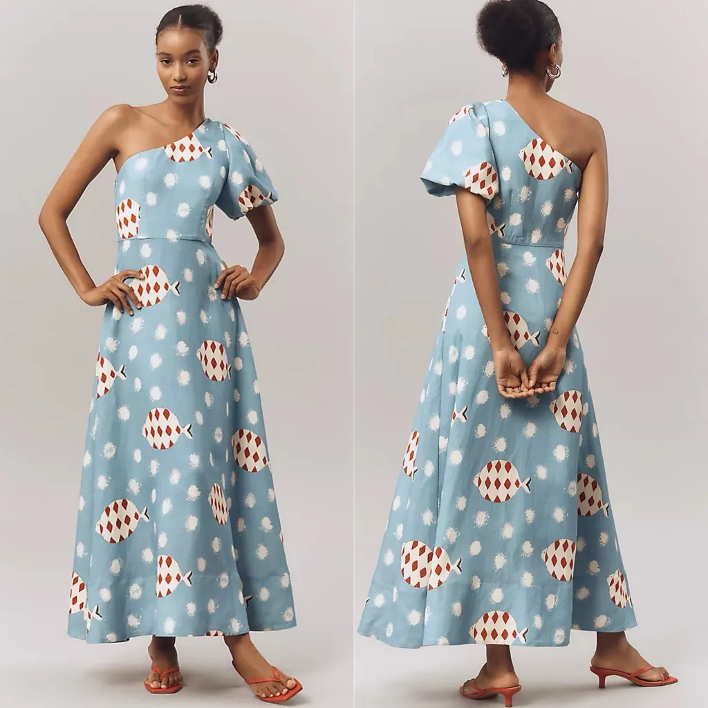 Hunter Bell Carmen One-Shoulder Linen Midi Dress Fish Print Size 0 NWT - Image 12