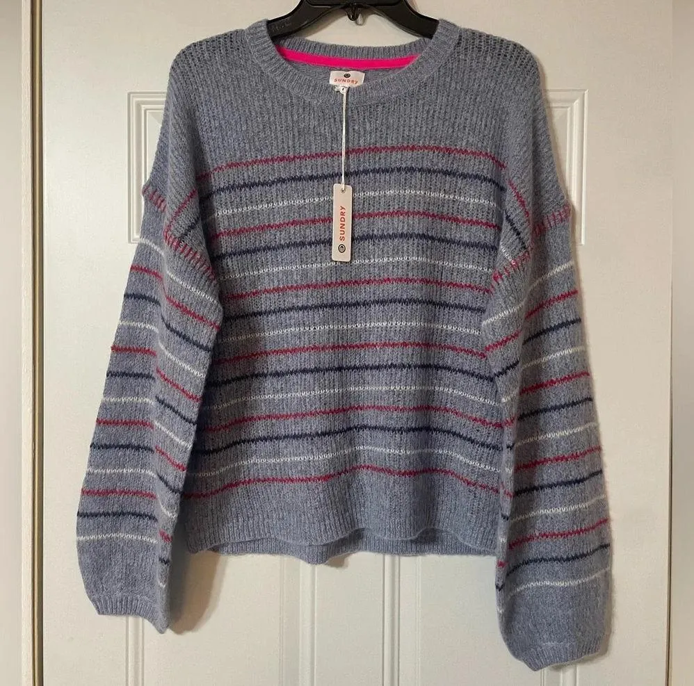 Sundry Anthropologie Cashmere and Wool Balloon Sleeve Striped Sweater Size L - Image 3