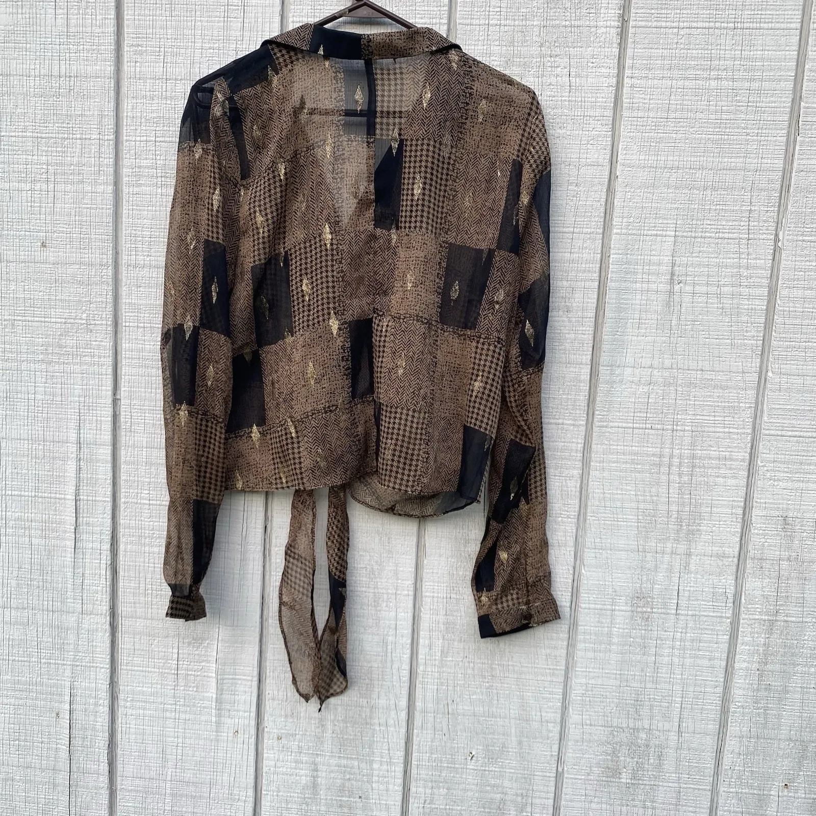 Mystree Brown Black Gold Anthro Blouse Tie Front Longsleeved Semi Sheer Medium - Image 3