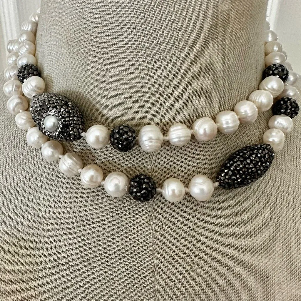 Freshwater Pearl & Pavé Crystal Long Necklace ✨ Sterling Clasp • Hand - Image 2