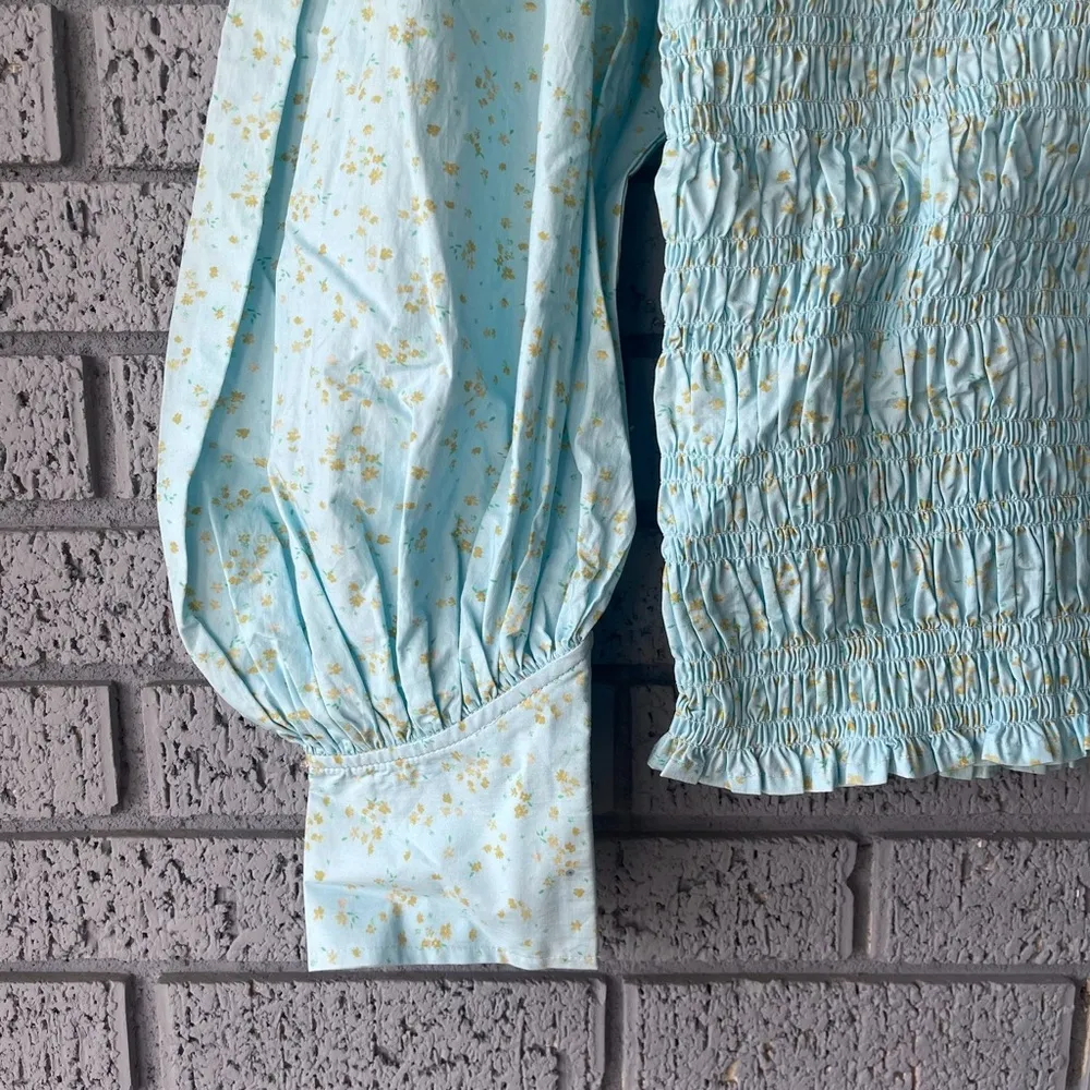 NWT Ganni Shirred Floral Organic Cotton Blend Poplin Blouse Puff Sleeve Blue - Image 4