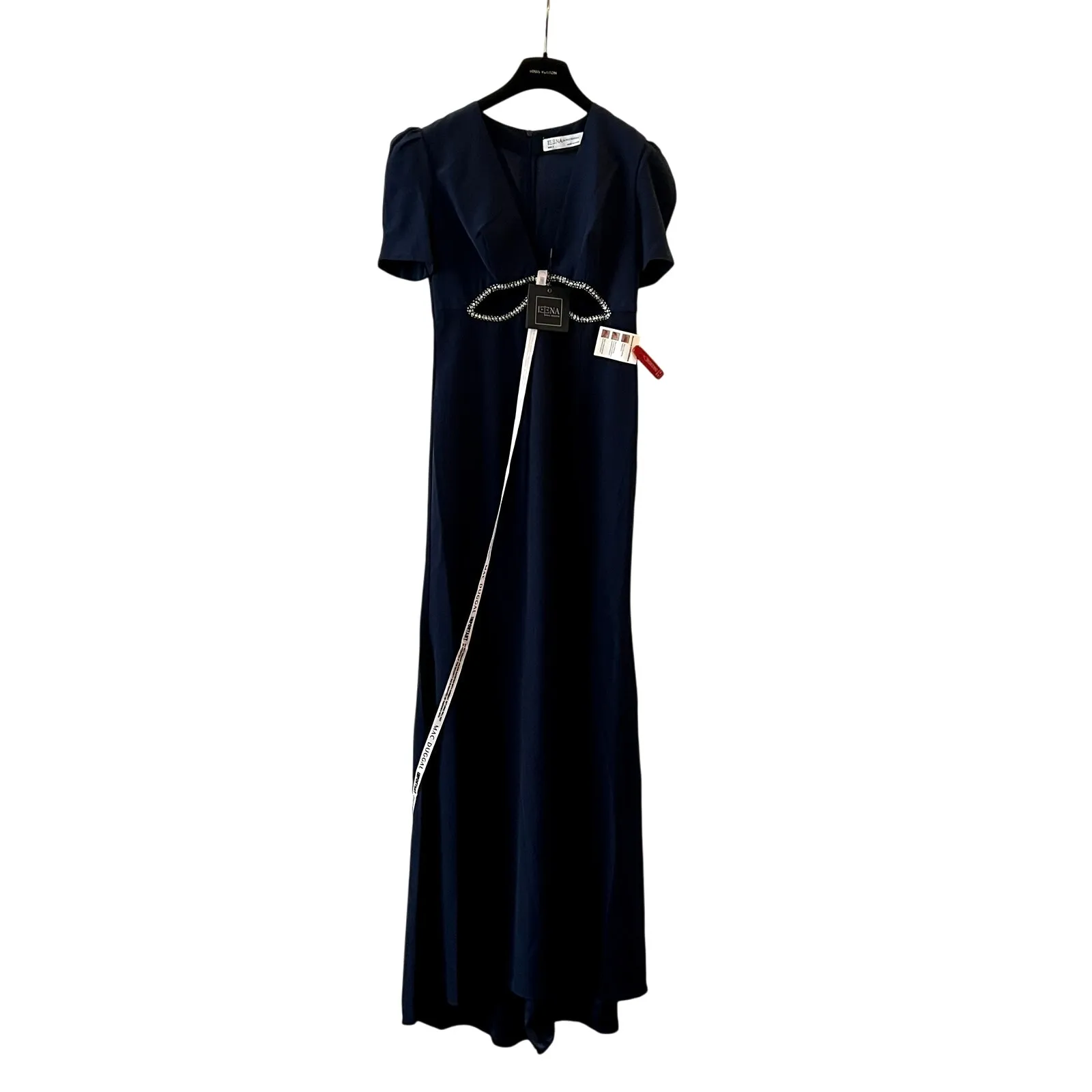 Mac Duggal 2630 Plunge Neck Puff Sleeve Cut Out Gown Navy 8 UB - Image 4