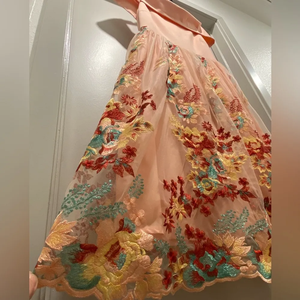 Laura Peach Pink Floral Off the Shoulder Fit & Flare Midi Dress - S - Image 5