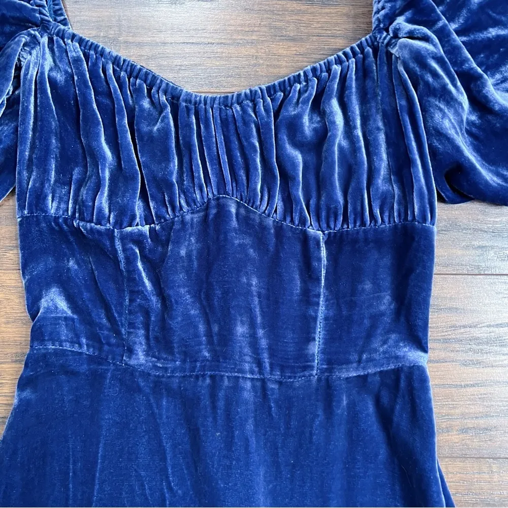 Reformation • Suzanne Dress blue silk velvet Danube midi puff sleeve ruffle hem - Image 7