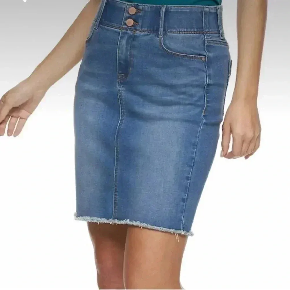 APT‎ 9 Denim Jean Pencil Skirt Pockets Slit Stretch Whiskered Blue Wash Sz 12 - Image 8