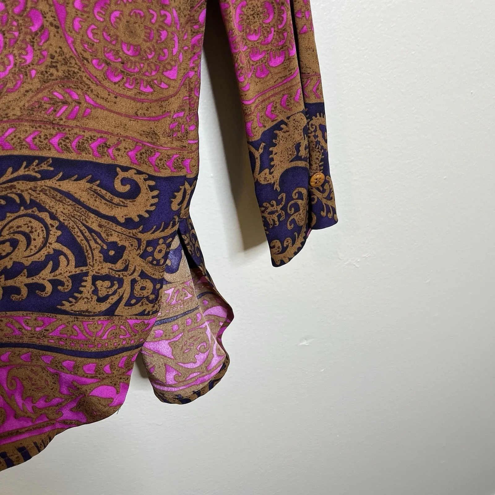 Vtg Dana Buchman Silk Blouse Button Up 12 Lagenlook Tunic Pink Brown Boho Artsy - Image 9