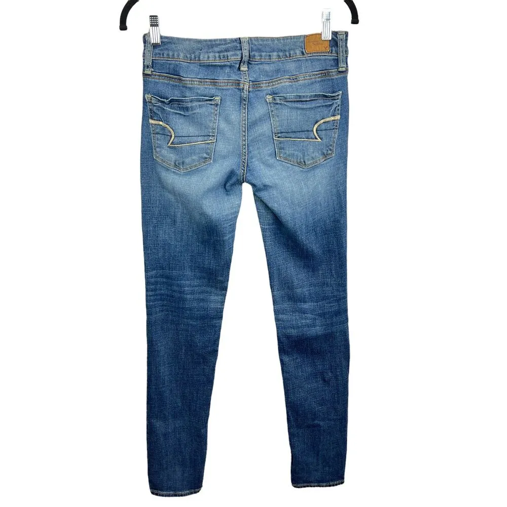 American Eagle Distressed Skinny Jeans Blue Sz 4 Super Stretch 90s Denim Grunge - Image 2