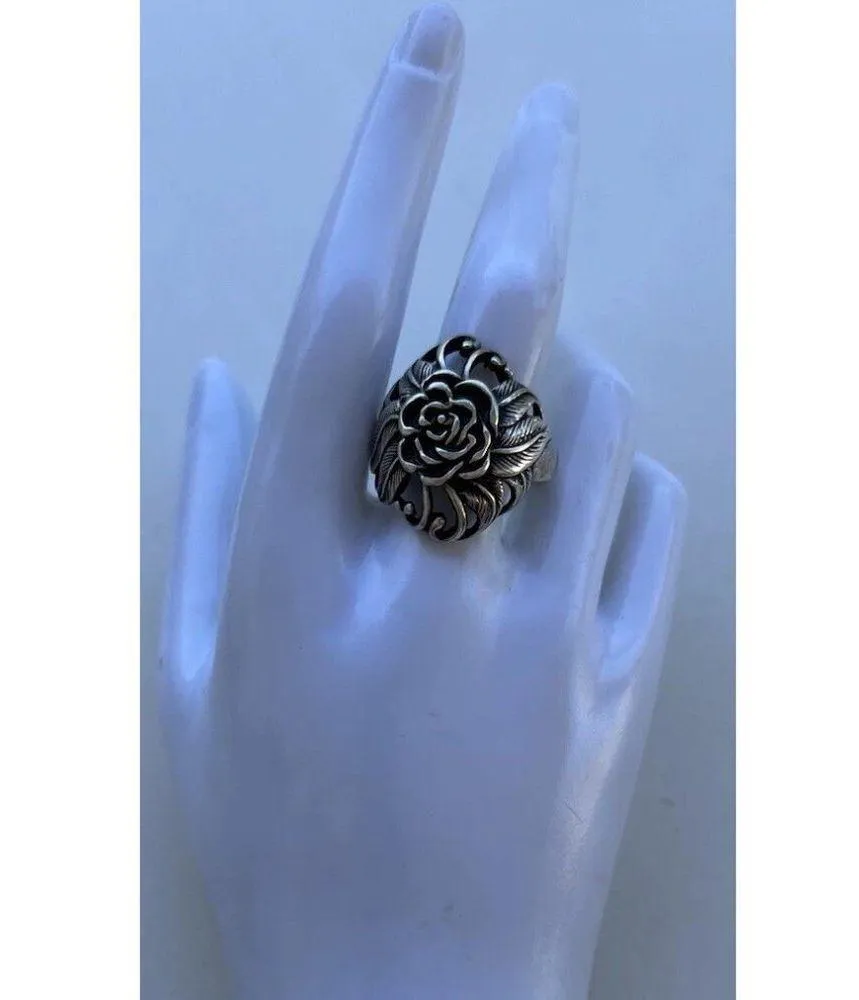 Vintaghe 925 Sterling Silver Carved Rose Flower Ring size 10 Signed Stamped - Image 8