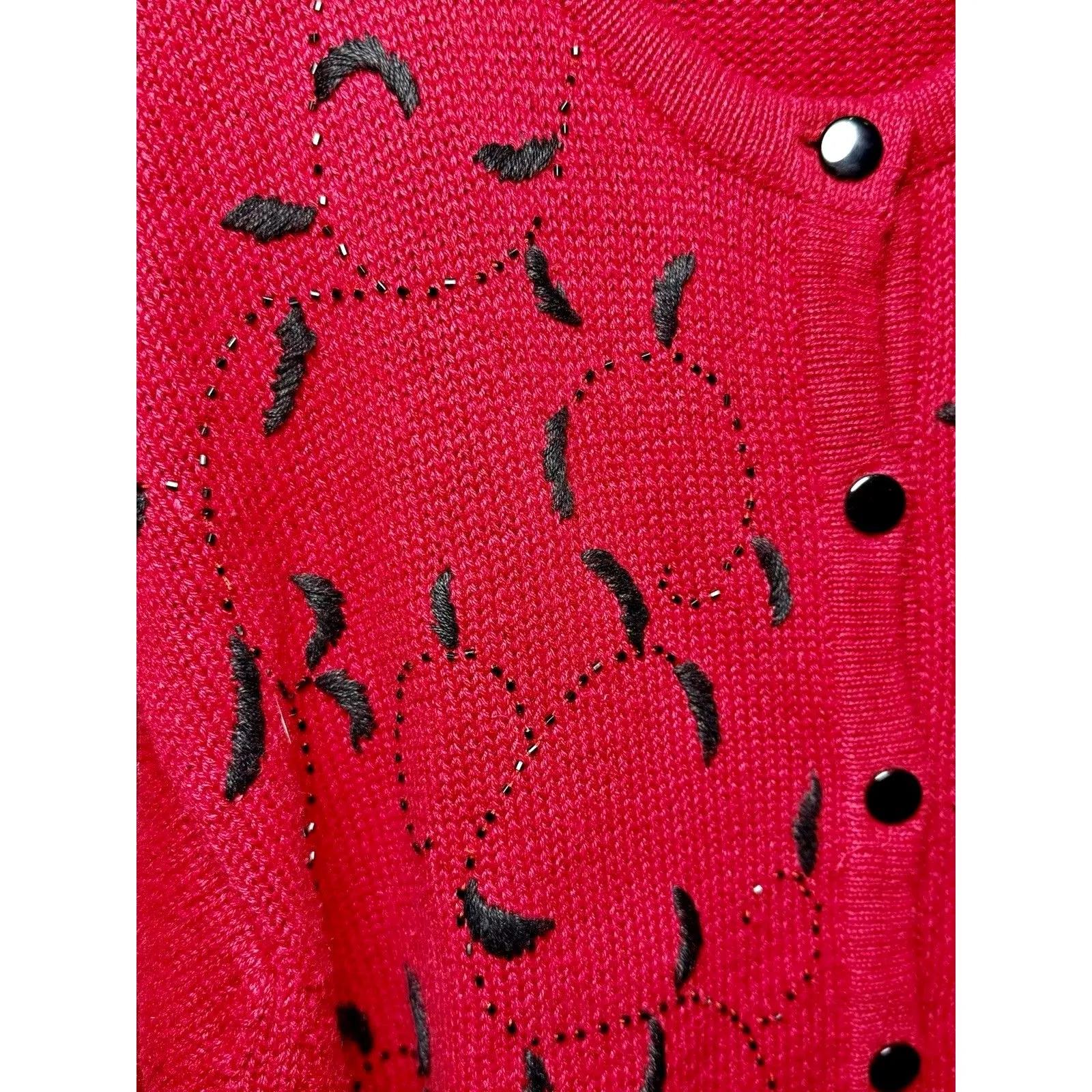 LISE J. Red Granny Cardigan Embroidered Beaded Large Ramie Cotton Long Sleeve - Image 3