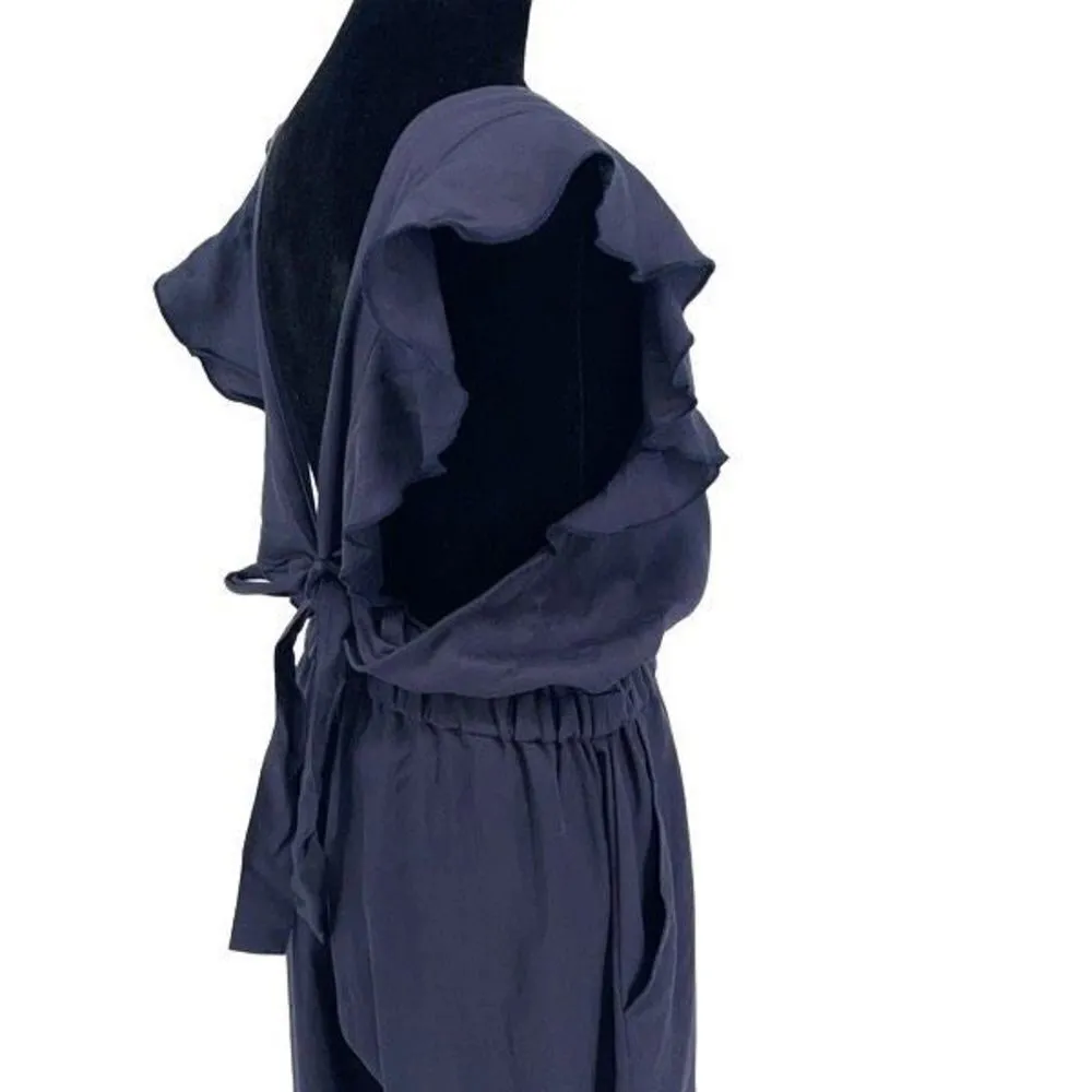 Katie Q Womens Wide Leg Jumpsuit Ruffle Sleeve Open Tie Back Navy Blue Size 4‎ - Image 3