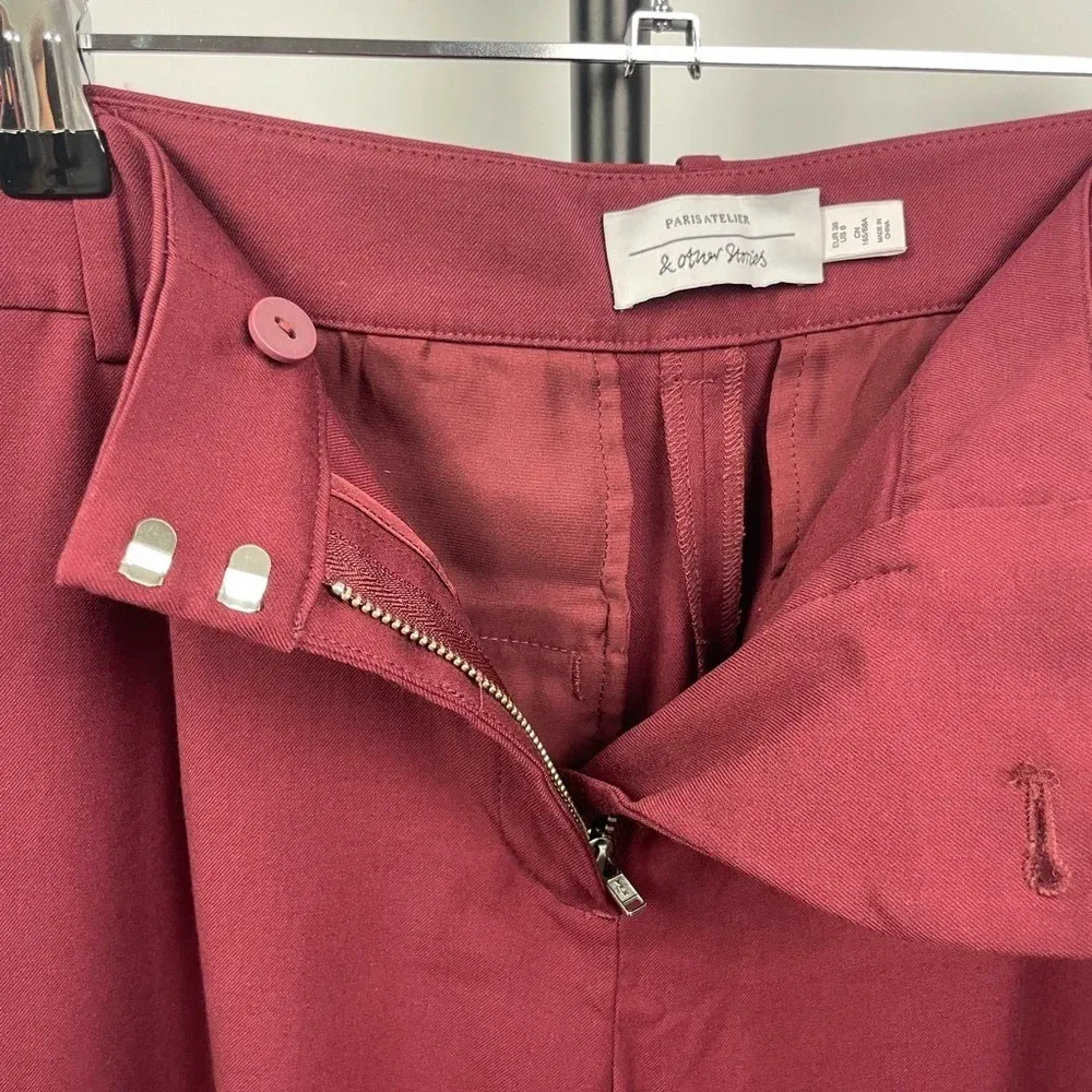 & Other Stories Burgundy Red Tapered‎ Ankle Zip Pleated Wool Blend Pants - Image 7