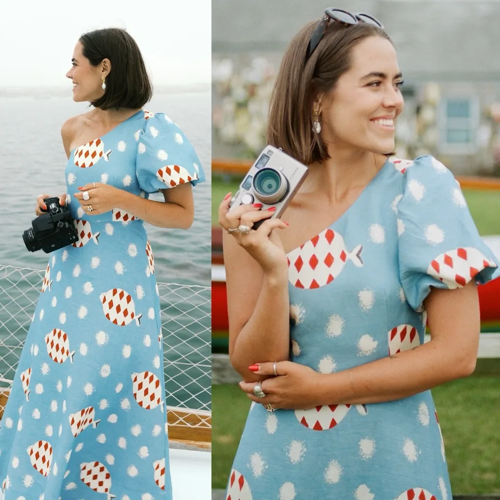 Hunter Bell Carmen One-Shoulder Linen Midi Dress Fish Print Size 0 NWT - Image 9