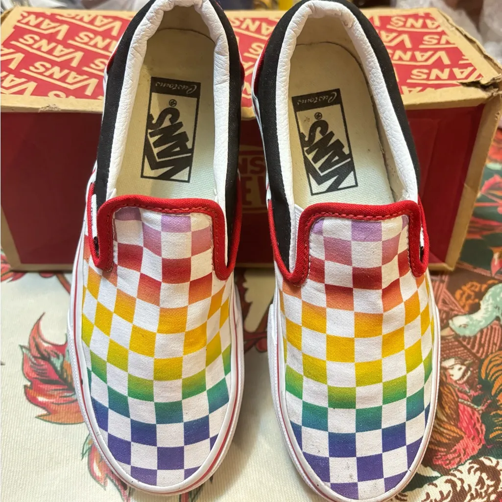 Vans Classic Slip ON Rainbow Checkerboard Skate Shoes - Image 2