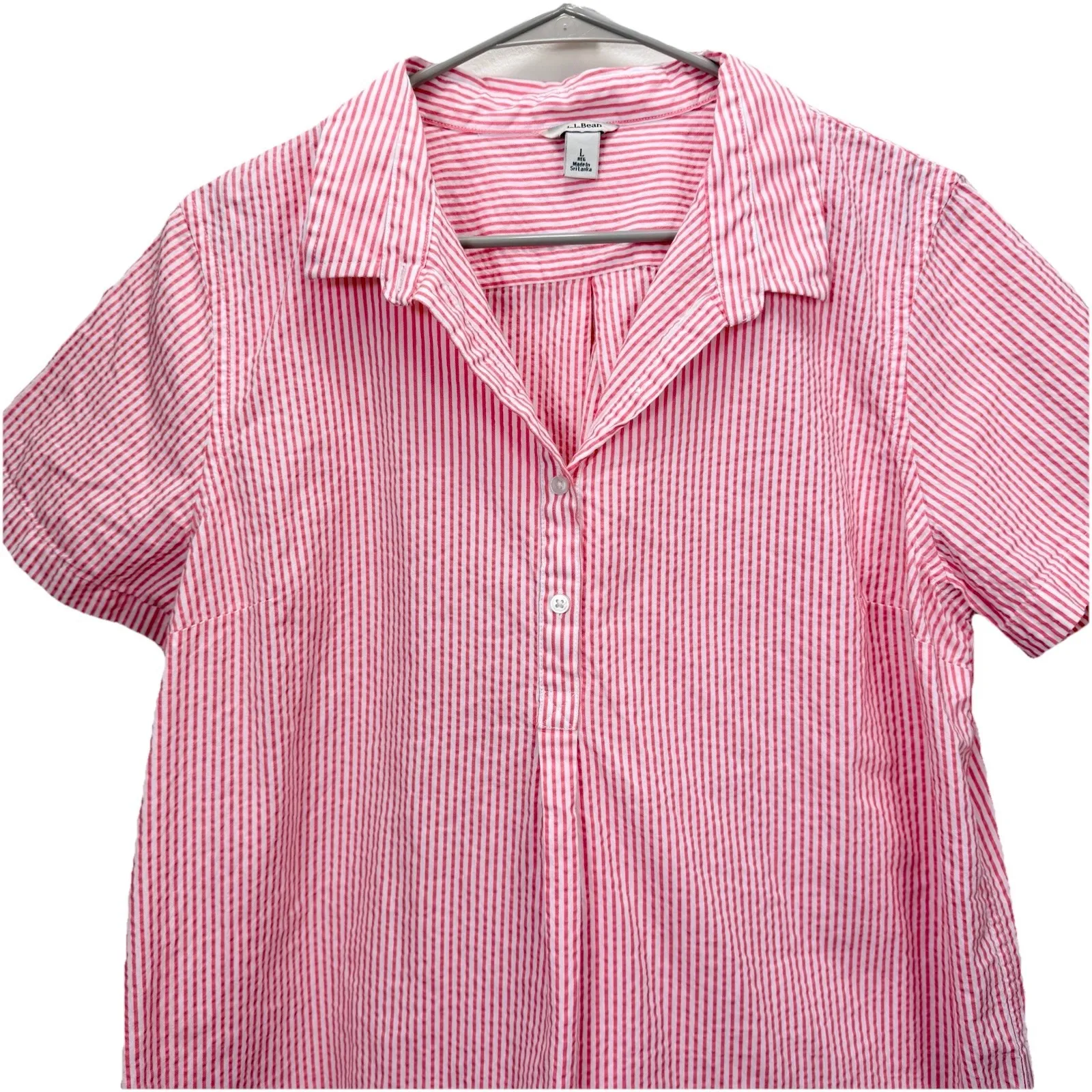 LL Bean Vacationland Seersucker Coral White Striped Popover Shirt Size LARGE - Image 5