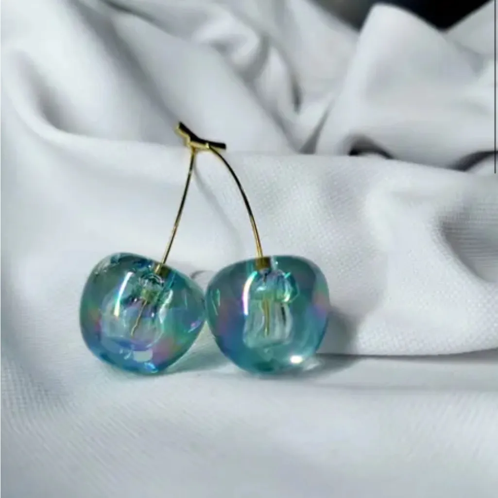 Blue Iridescent Cherry Earrings - Image 4