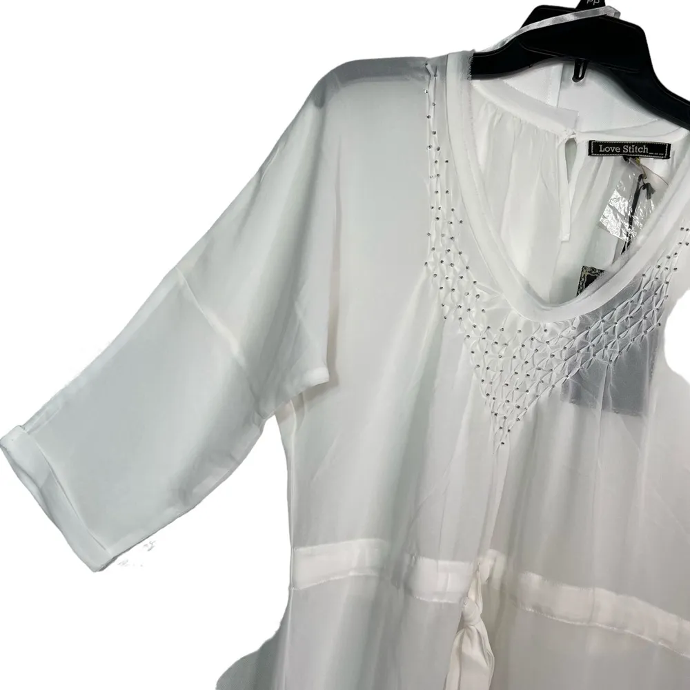 Love Stitch White Sheer Sequin Trim Tunic V Neckline Front Tie NWT S - Image 6