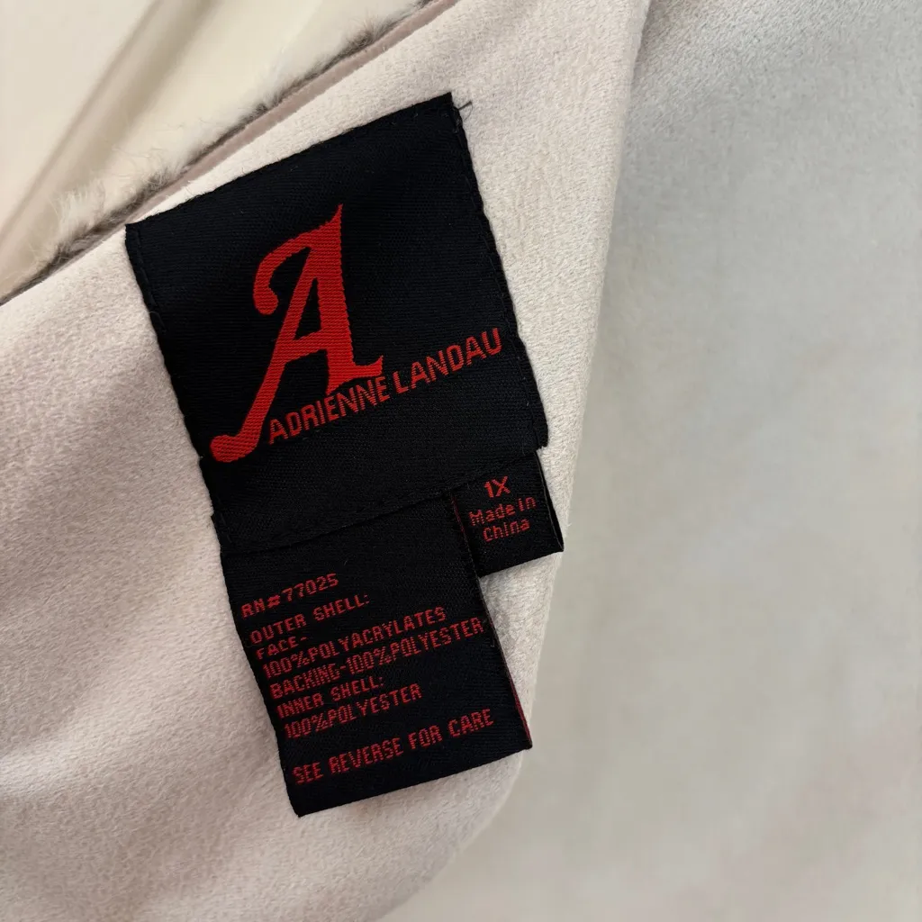 Adrienne Landau Cream Faux Fur Coat Reversible Womens Hooded Jacket Plus Size 1X - Image 10