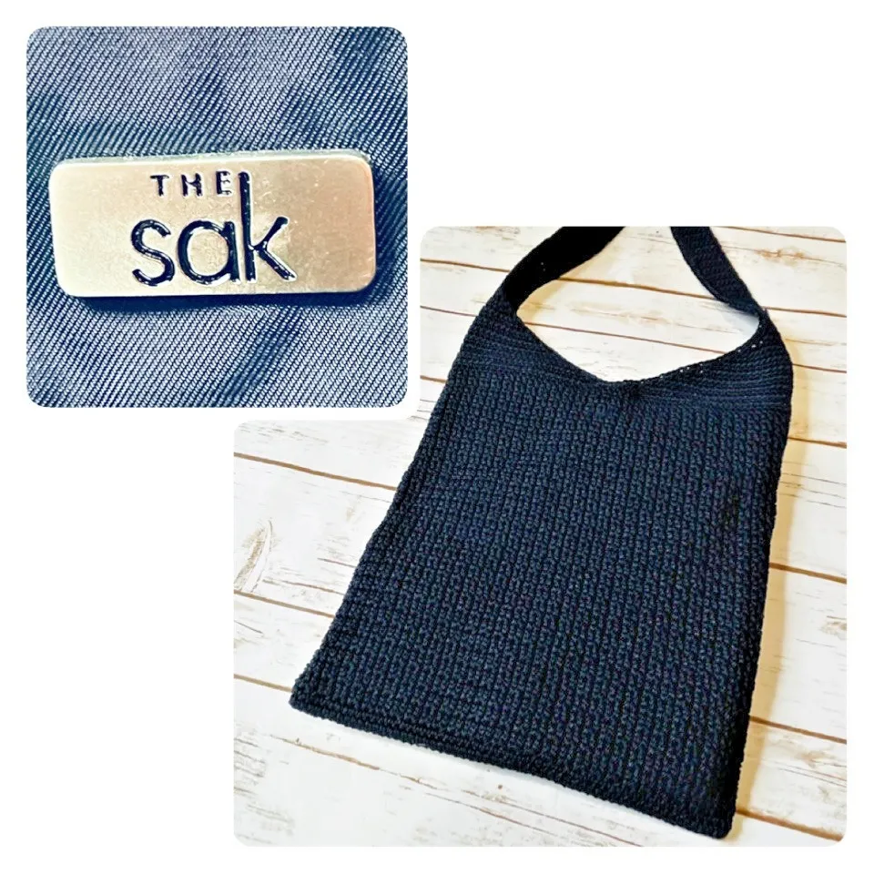 The Sak Shoulder Bag Crochet Purse NAVY BLUE Handmade 12" x 16" Boho Knit Hippie - Image 3