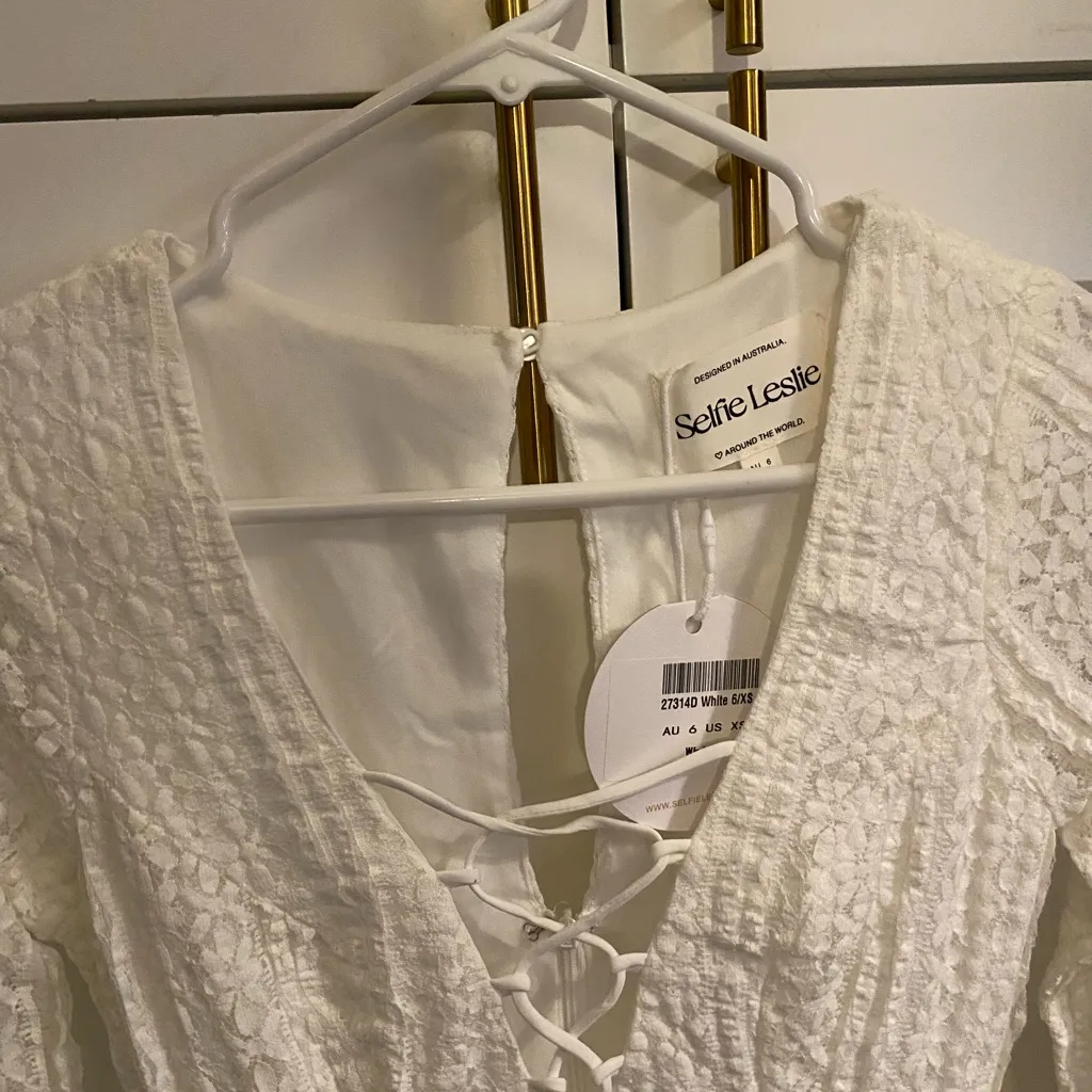 Selfie Leslie Abigale Lace-Up Bust Flared Cuff Lace Dress White Boho coquette - Image 10