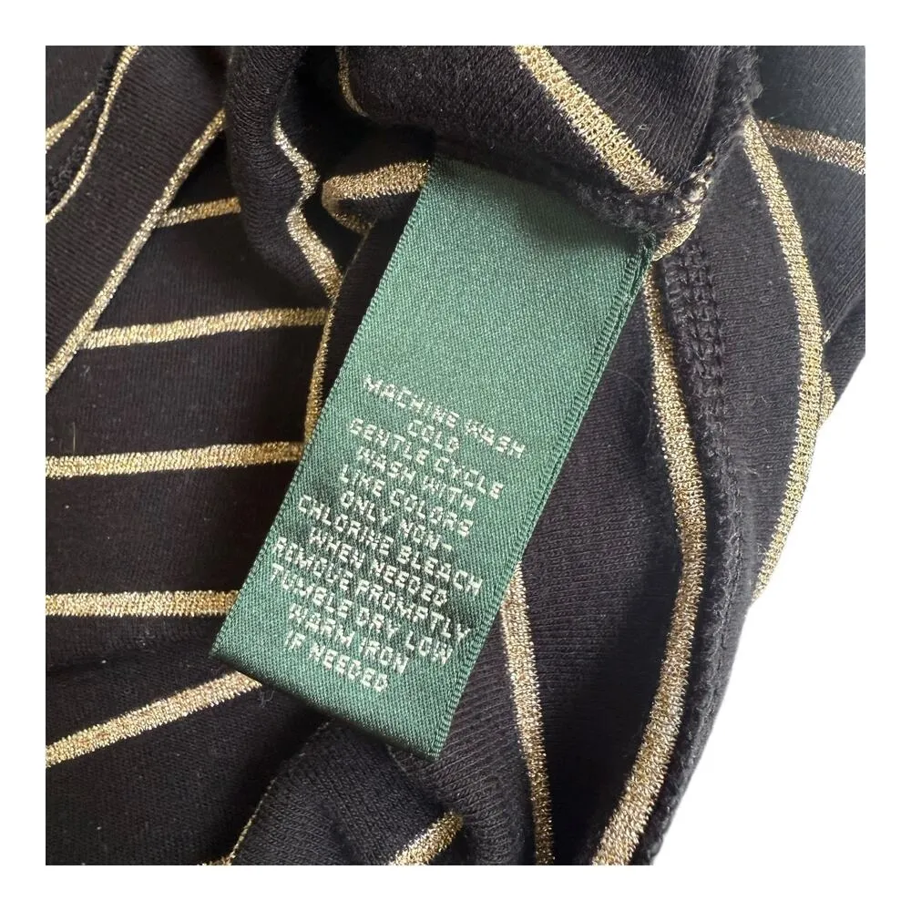 VTG Lauren Ralph Lauren TOP Women's MED Black & Gold Glitter Striped Long Sleeve - Image 5