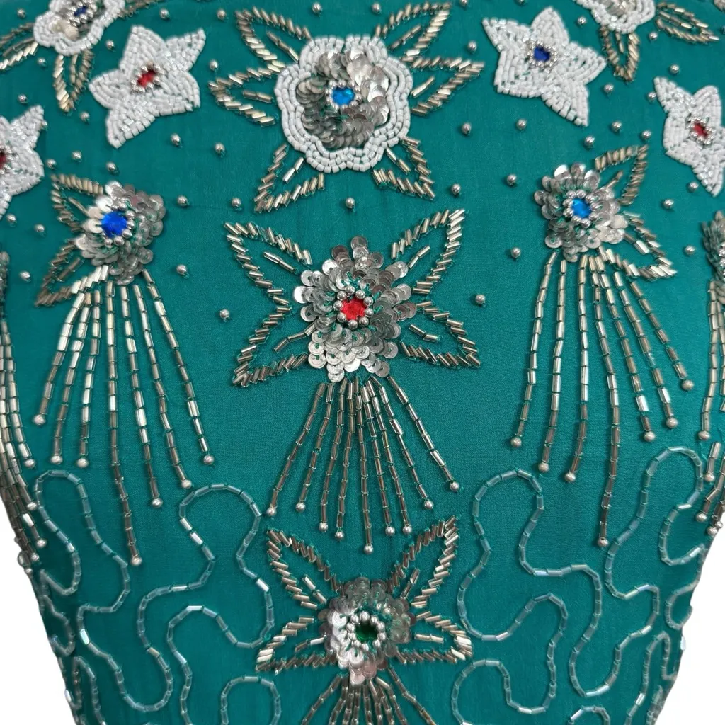 Vintage 80s Sequin Hi Fashions Beaded Silk Top – Teal Small Silver - Image 5