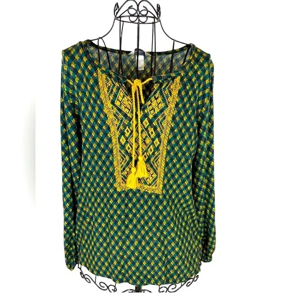 CHRISTOPHER & BANKS Green and Gold Boho Top with Tassels Women’s Size Medium - Image 8