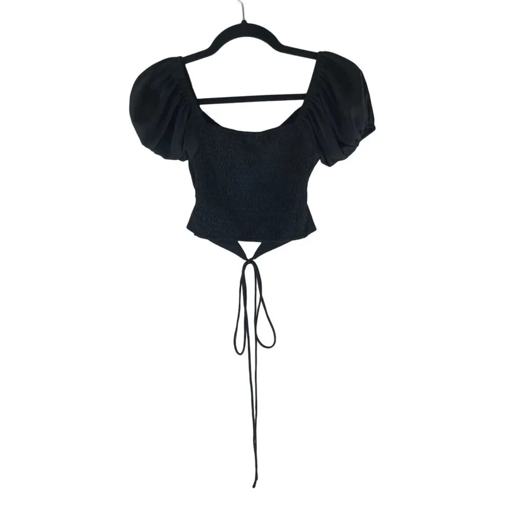 Princess Polly Womens Crop Top Tie Front Wrap Smocked Puff Sleeve Black 0 - Image 3