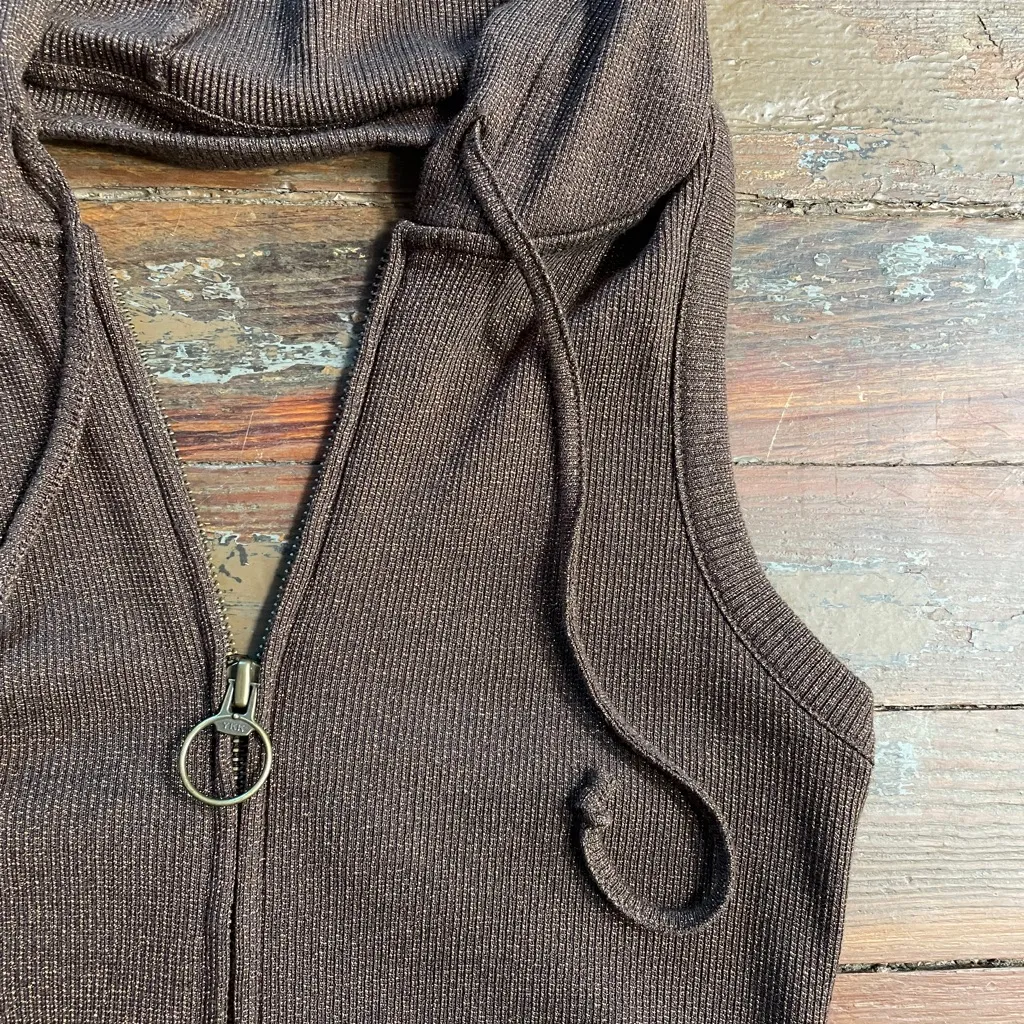 Vintage Y2K Old Navy Brown Metallic Sleeveless Halter Hoodie Zip Vest - S 💚🎀 - Image 11