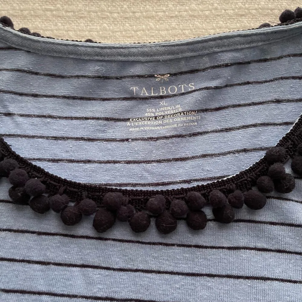 XL Talbots Blue and Black Striped Linen T-Shirt with Embellished Neckline - Image 3