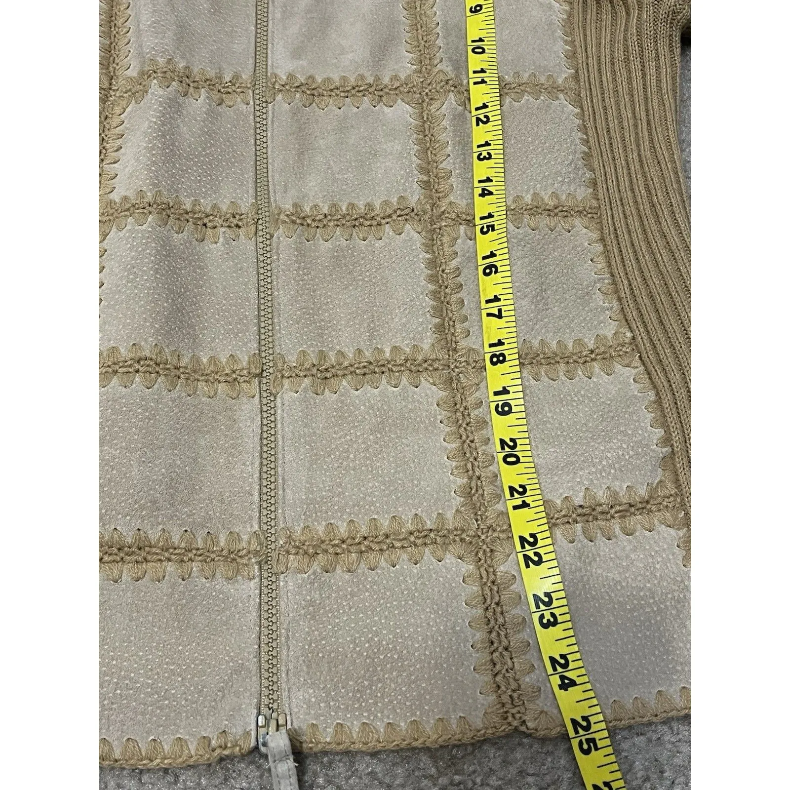 Vintage 90s Leather Patchwork Sweater M Full Zip Brown Boho Western Rustic Ranch - Image 5