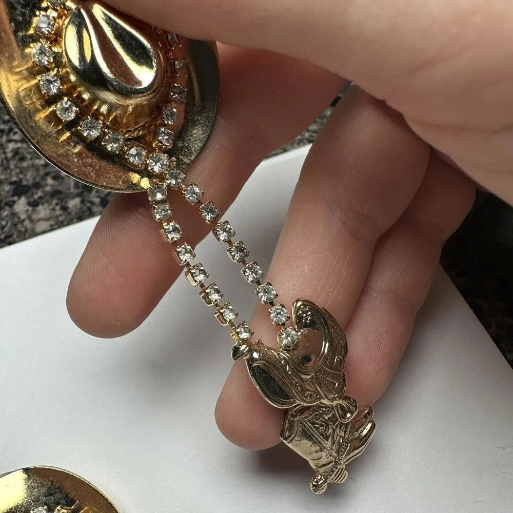 Cowboy Hat Boots Saddle Rhinestone Statement Dangle Gold Tone Pierced Earrings - Image 6