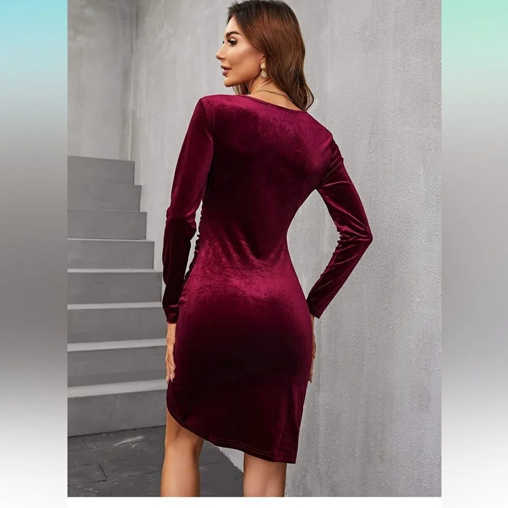 Velvet Dress Wrap V Neck L/S Ruched Midi Dresses Cocktail Evening Party M Red Size M - Image 3