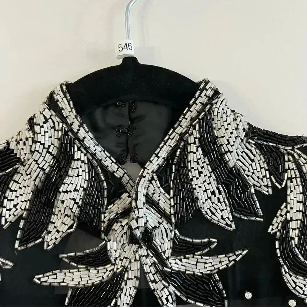 546 Vintage Lillie Rubin Black Beaded Long Sleeve Open Back Maxi Dress Size 6 - Image 3