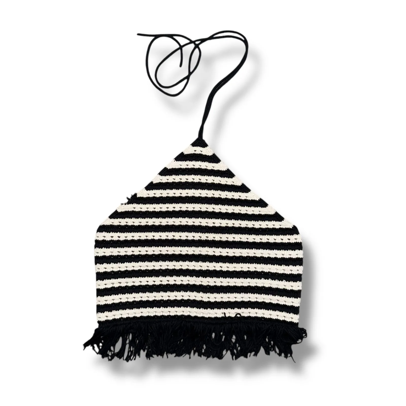 Reformation Laine Open Knit Black White Stripe Crochet Halter Fringe Crop Top M - Image 2