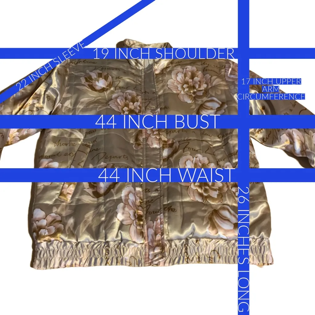 VINTAGE OLEG CASSINI FLORAL PRINT CREAM A PINK BLUSH SATIN BOMBER JACKET (M) - Image 12
