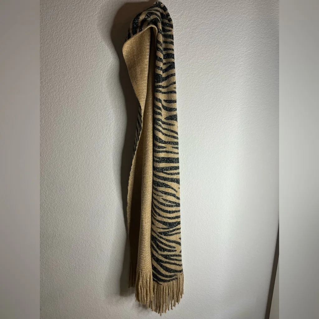 Pier 1 Imports Acrylic Reversible Scarf Beige ZebraPrint Glitter Metallic Fringe Tan - Image 2
