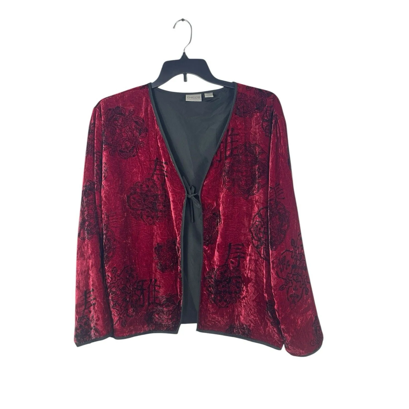 Chico’s Y2K XL Red Crushed Velvet L Asian Motif Kimono Silk Blend Top Tie Front - Image 2