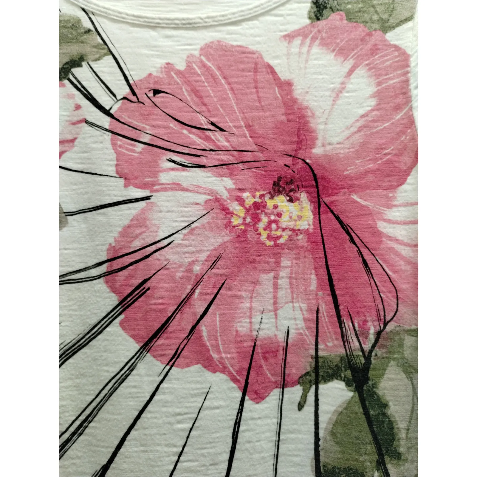 Chico's Size Large (2) Ultimate Tee White Slub Cotton Pink Floral Bateau T-Shirt - Image 2