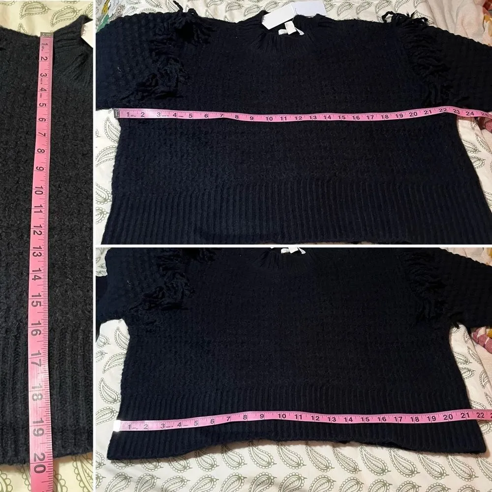 Treasure & Bond Mixed Stitch Balloon Sleeve  Fringe Sweater Black Crew S NWT - Image 12