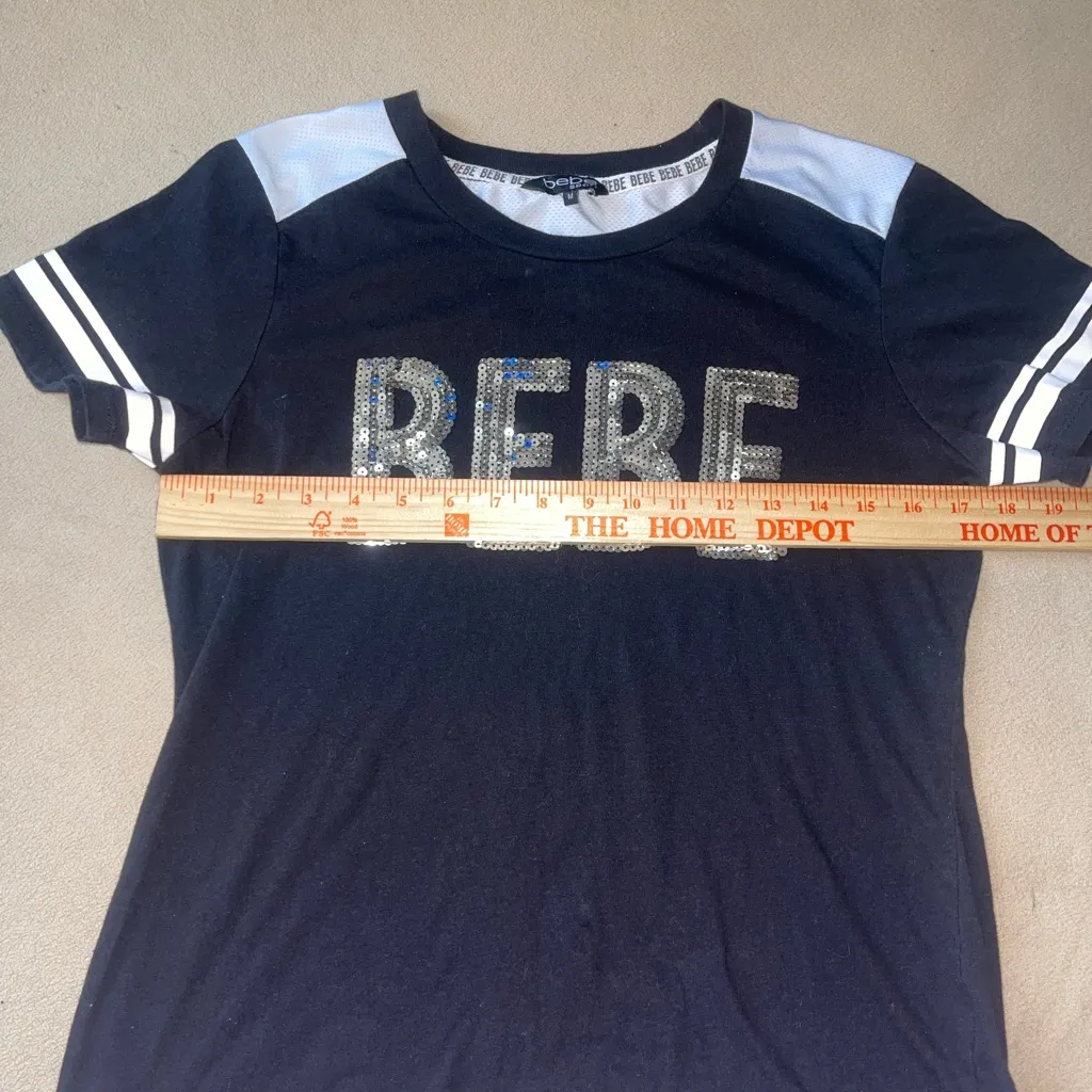 Bebe White and Black Short Sleeve Tee with Sporty Style size M top sequins - Image 3