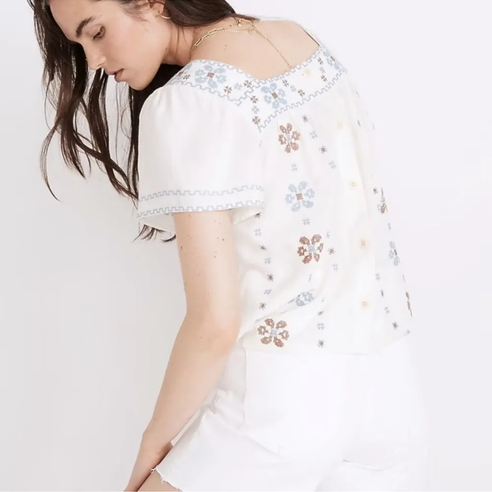 Madewell Cross Stitch Top Shirt NF217 white blue brown - Image 3
