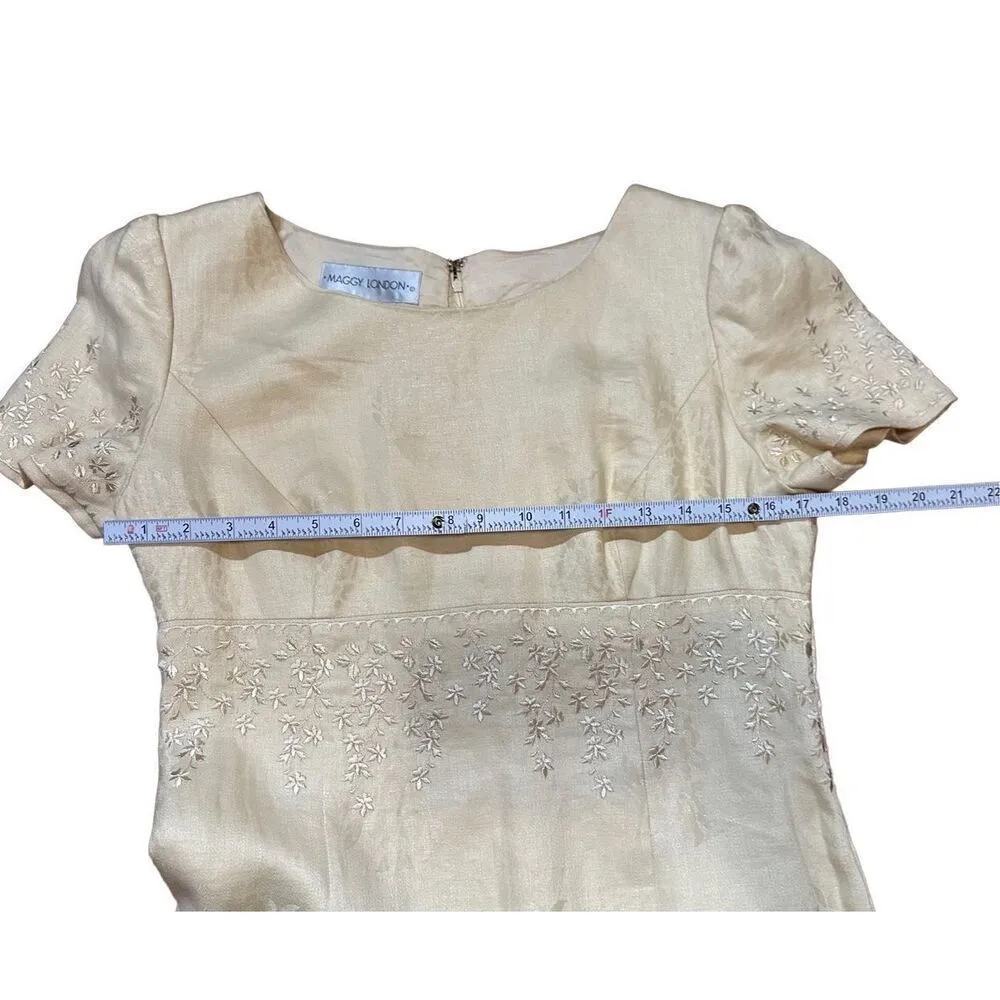 Vintage Maggy London Light Pastel Yellow embroidered linen maxi sheath dress sz - Image 5