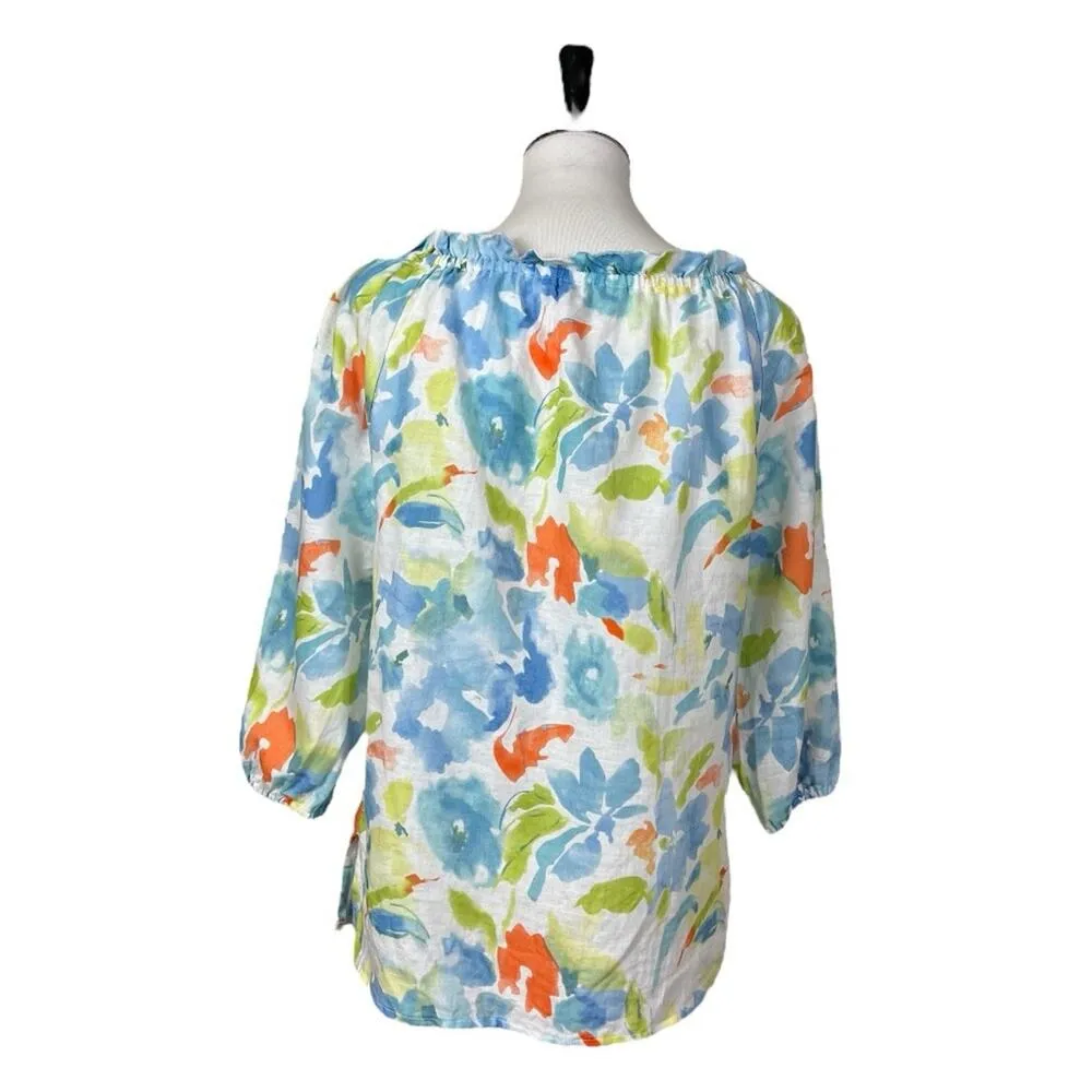 Hester & Orchard Top Linen Cotton Tie Neck White Multi Floral Women’s Size Small - Image 4