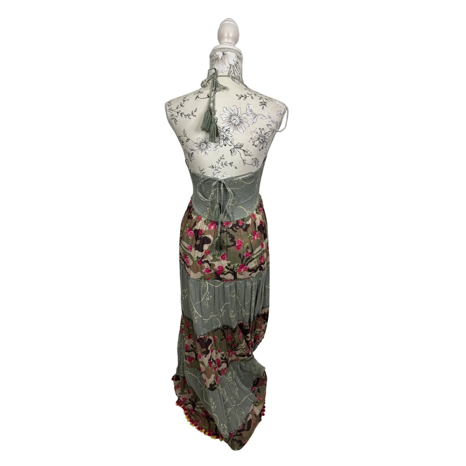 Boston Proper Nomad Camo Tassels Maxi Dress‎ with Pom Poms Size XS - Image 3