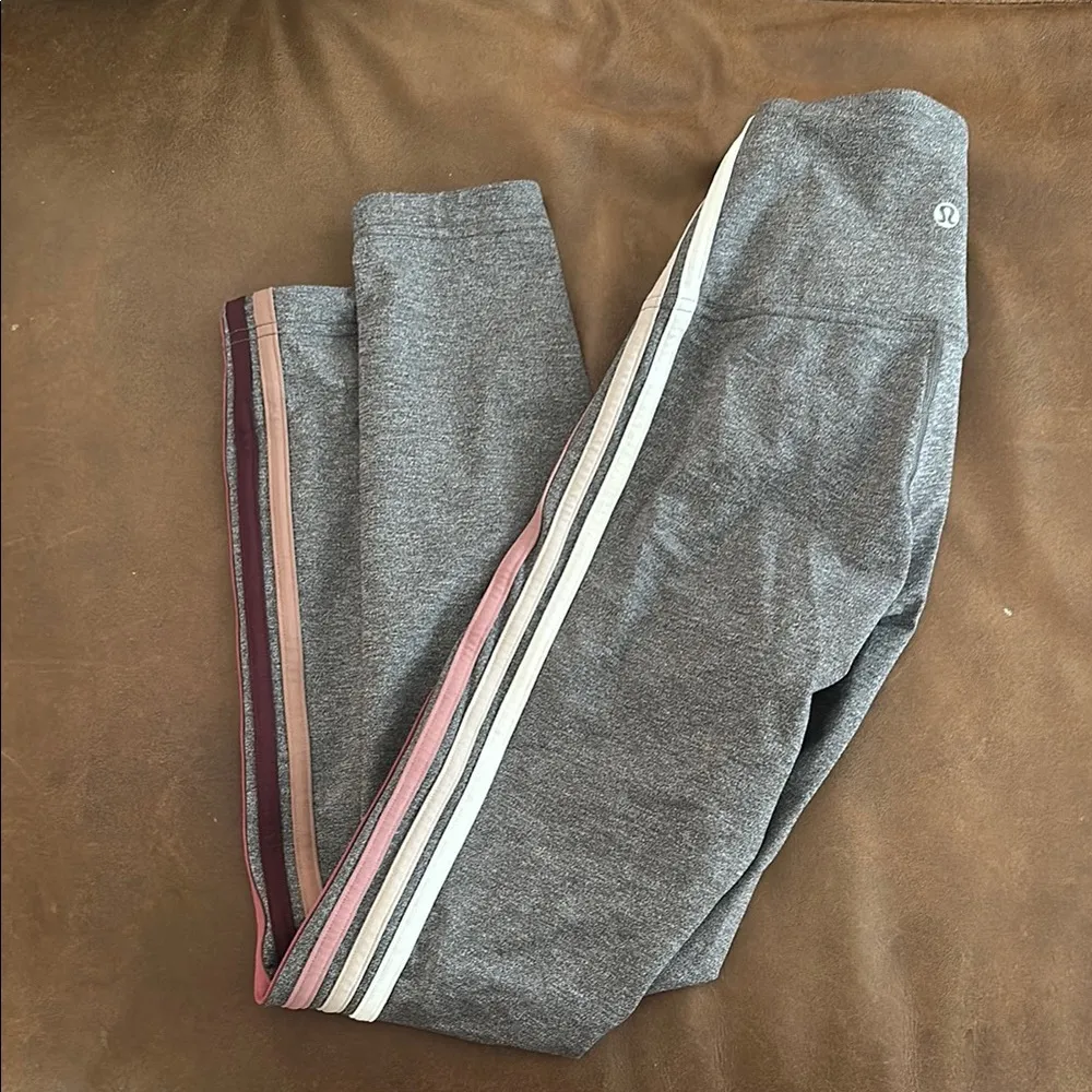 Lulu Lemon Gray Purple, Pink, & White Striped Leggings - Image 4