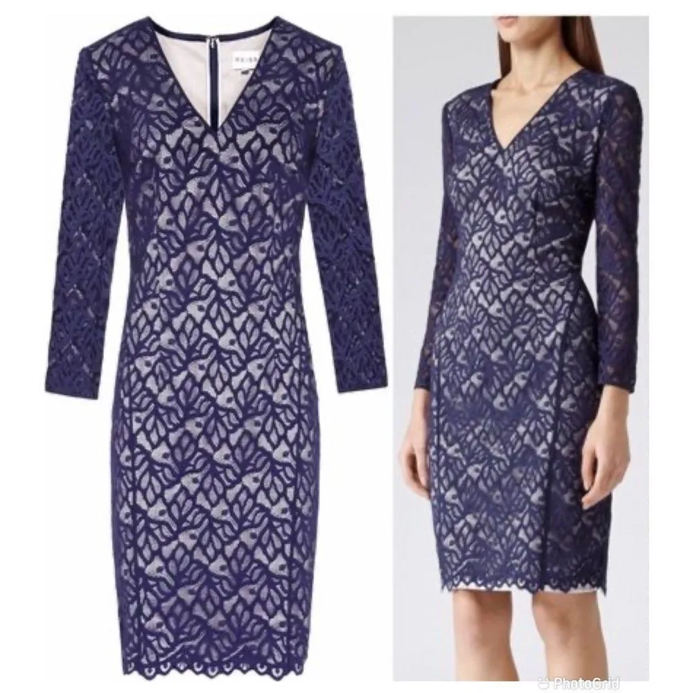 Reiss Fern Blue Lace Long Sleeve Sheath Dress - Image 2